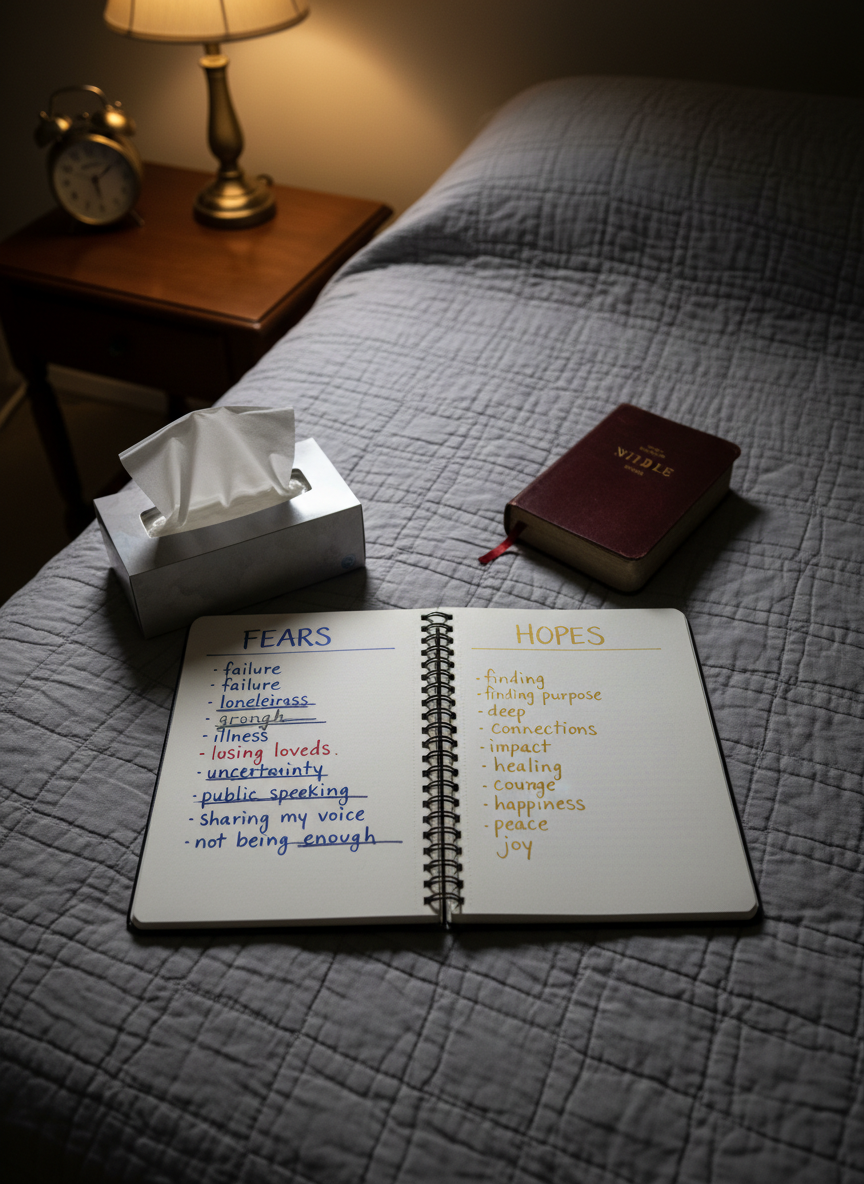 An open spiral journal lies on a neatly made bed with a soft gray quilt, its pages showing a raw, honest list of fears and hopes written in different colored inks, some lines crossed out and rewritten. Beside it sits a closed Bible with a ribbon marker, a box of tissues with one tissue slightly pulled out, and a small bedside lamp with a linen shade casting warm, localized light. The rest of the room fades into gentle shadow, with only a hint of a nightstand and an analog alarm clock visible. Photographic realism, captured from a close, overhead angle, creating an intimate, vulnerable atmosphere that suggests late-night wrestling with faith, anxiety, and personal struggle.