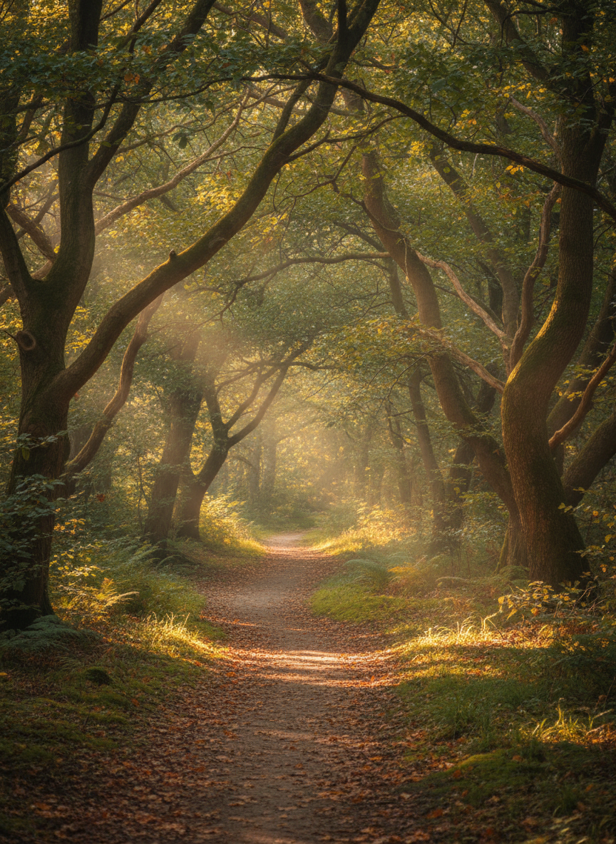 A peaceful nature path with soft light filtering through trees