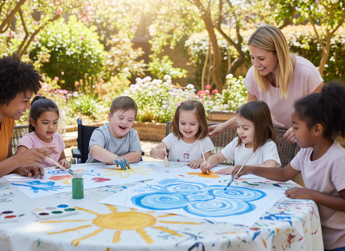 Children with special needs engaged in a group activity, smiling and connecting